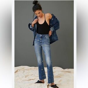 Anthropologie Pilot “The Icon” Flared Jeans 26 Blue Embroidered Paint Splattered